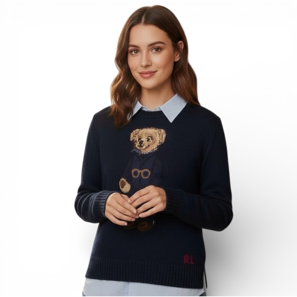Vintage Polo Ralph Lauren Bear Sweater Navy Knit OG RL Polo Bear USA Flag - Picture 2 of 12